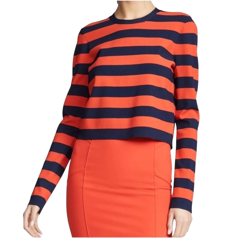 Veronica Beard Red Navy Broome Long Sleeve Sweater Striped Crewneck Crop Sweater